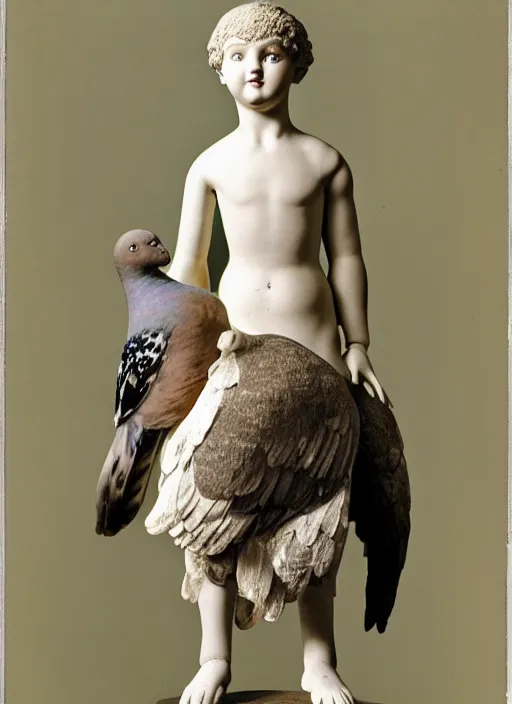 Prompt: realistic photo of a a boy with a pigeons, ancient greek sculpture realistic doll made of white detailed clay and black wooden brushwood, 1 9 6 0, life magazine photo, natural colors, metropolitan museum, kodak