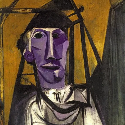 Prompt: Misterious portrait of Pope Monkey X in a cage in penumbra by Velasquez painting by Pablo Picasso and Chaïm Soutine and Alberto Giacometti and Francisco Goya, black and purple