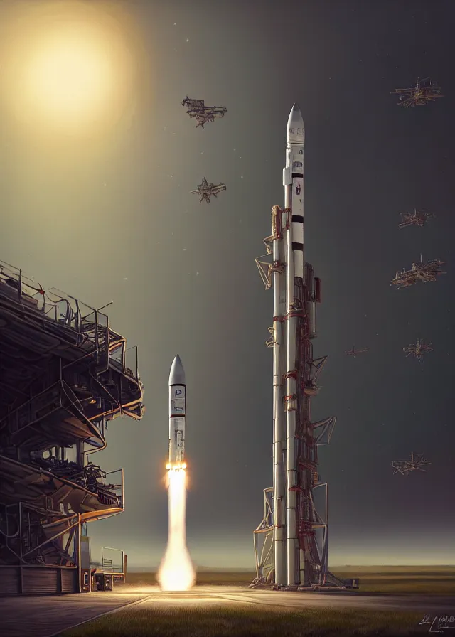 Image similar to epic professional digital art of complex heavy vertical rocket with side boosters, on launch pad, at takeoff, ambient light, painted,, cinematic, detailed, grand, leesha hannigan, wayne haag, reyna rochin, ignacio fernandez rios, mark ryden, van herpen, artstation, cgsociety, epic, stunning, gorgeous, wow wow detail