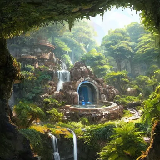 Image similar to worm's eye view of roughly cylindrical overwatch headquarters carved inside a mountain surrounding a lush well kept garden, central waterfall, magical, natural light, fantasy, sharp focus, concept art, by greg rutkowski and craig mullins, cozy atmospheric