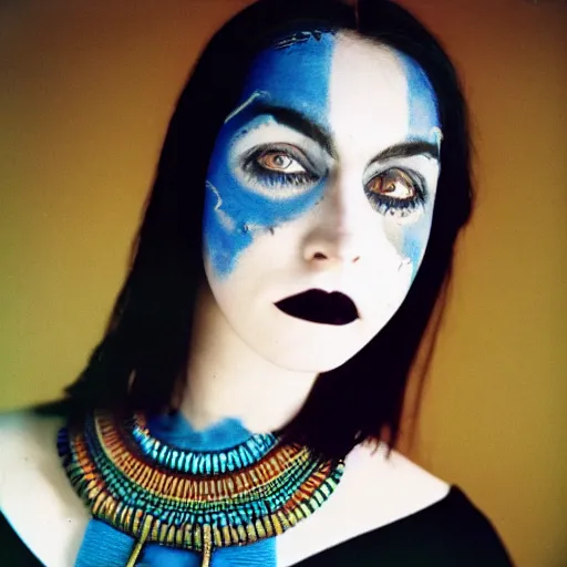 Image similar to medium shot, color slide Kodak Ektachrome E100, studio photographic portrait of Death as a young, attractive, friendly, gorgeous, pale, goth, girl in her 20s, wears a Egyptian Ankh Pendant Necklace, casual clothes, blue hour, Nikon camera, 75mm lens, f/2.8 aperture, HD, hi-res, hi resolution, deep depth of field, sharp focus, rich deep moody colors, masterpiece image, intricate, realistic, elegant, highly detailed, Shutterstock, Curated Collections, Sony World Photography Awards, Pinterest, by Annie Leibovitz