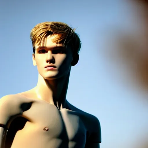 Image similar to a realistic detailed photo of a guy who is an attractive humanoid who is half robot and half humanoid, who is a male android, soccer player martin ødegaard, shiny skin, posing like a statue, blank stare, in the backyard, on display