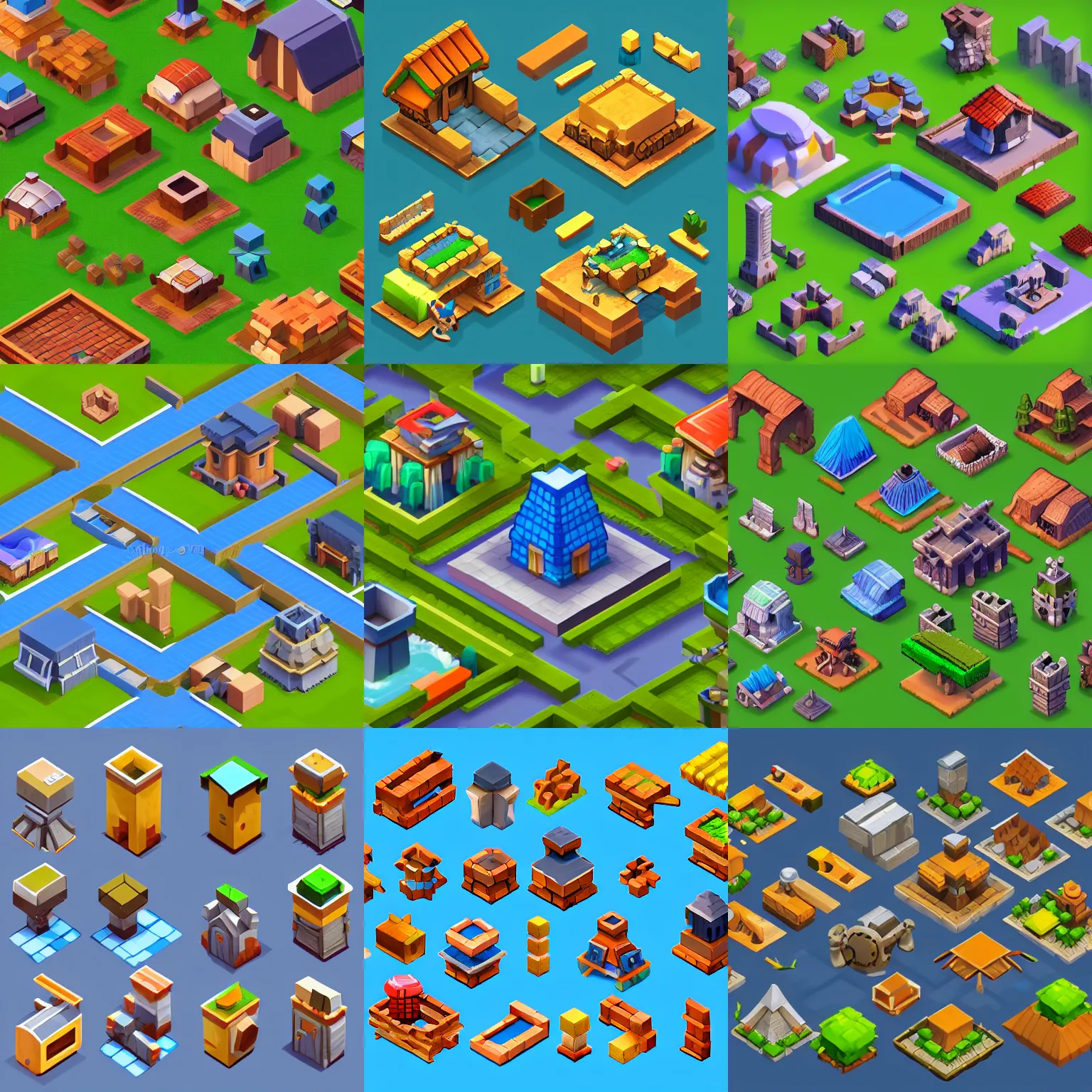 Prompt: collection of isometric building sprites, very solid background, clash of clans style, modular game dev art