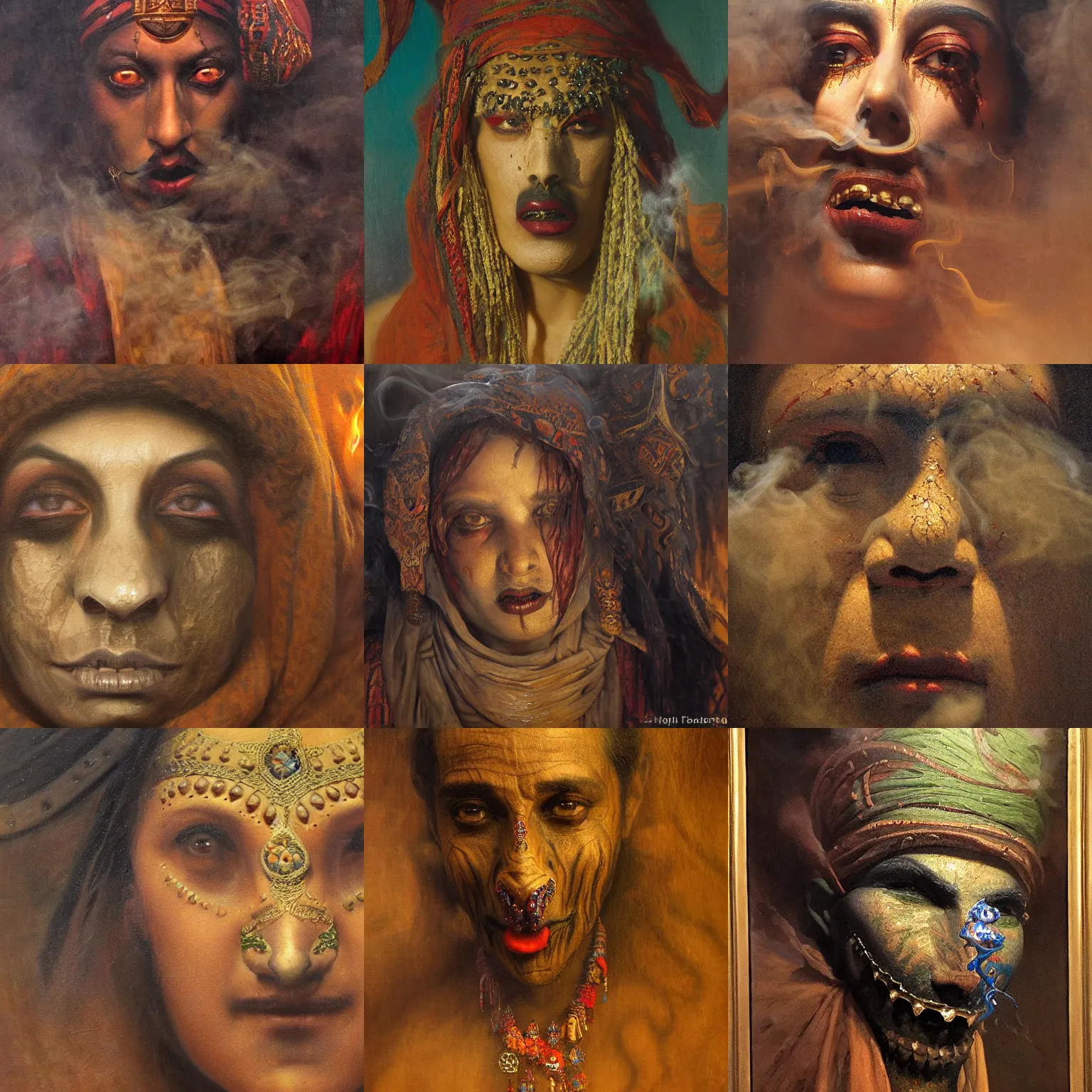 Prompt: orientalism terrifying smoke djinni face detail edwin longsden long and theodore ralli and nasreddine dinet and adam styka, masterful intricate artwork. oil on canvas, excellent lighting, high detail 8 k