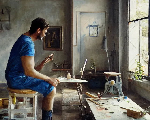 Prompt: an exhausted painter in his studio painting a picture of a pepe the frog - key lighting, soft lights, foggy, by steve hanks, by lisa yuskavage, by serov valentin, by tarkovsky, 8 k render, detailed, oil on canvas