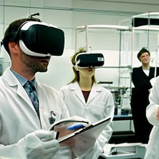 Prompt: a 2004 film still of a cat wearing a VR helmet, two people in lab coats standing behind the cat, one person has a clipboard, lab equipment in the background