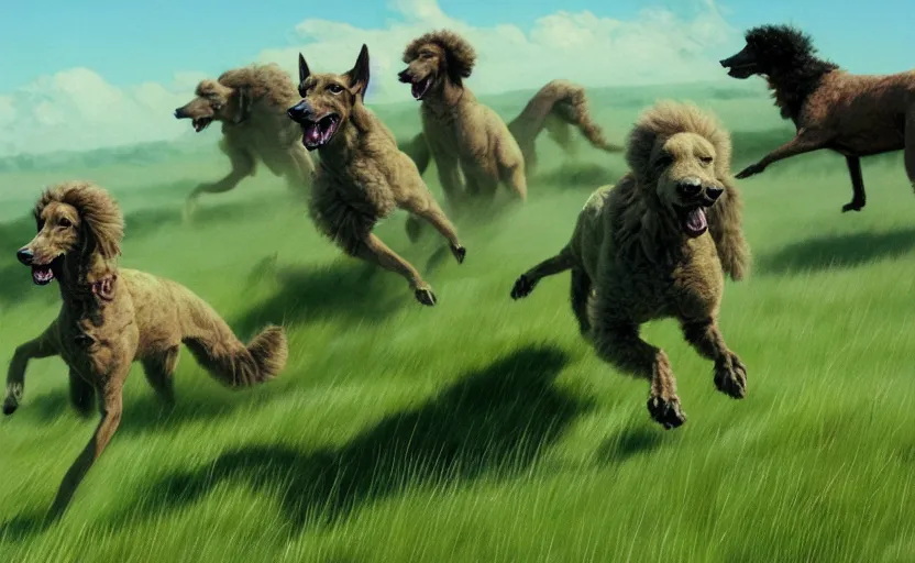 Prompt: the green - furred grass - large greyhound poodle hybrids charge into the fray, bounding through the lush green sea of deep grass, shaggy green fur blowing in the wind, scifi pulp, matte painting, concept art, book cover, frank frazetta, syd mead, boris vallejo, movie poster, 7 0 s scifi, cinematic still, 4 k hd