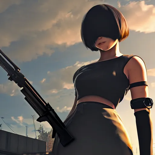 Prompt: 2B from Nier Automata pointing a gun in GTA 5 loading screen, art station, trending, editor’s pickup, cinematic lighting, 4k,