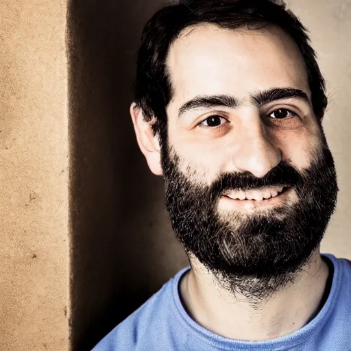 Prompt: Portrait photo of an Italian-American programmer who hasn’t shaved or taken a shower in a month, studio lighting