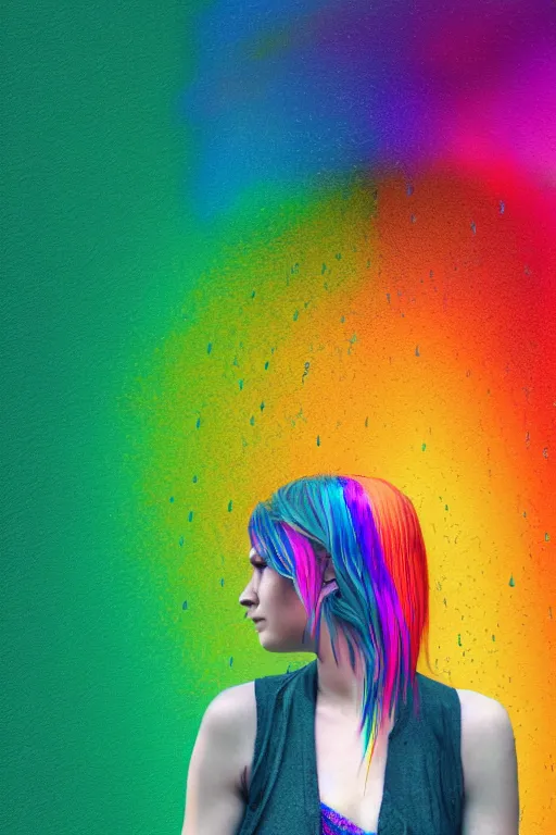 Image similar to a woman standing in the rain with rainbow hair, digital art, 8 k