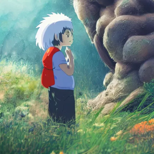 Prompt: friendly guy and small creature , with Fragile looking character made by Studio Ghibli highly detailed art, beautiful scene, focus, smooth, High contrast, depth of field, 8k, clean