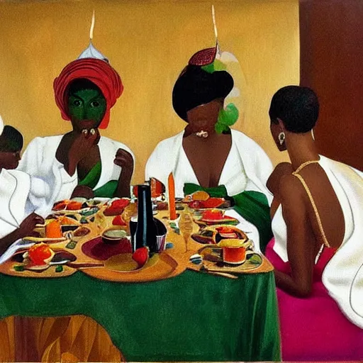 Image similar to dark skinned people eating at a regal buffet ultra detailed beautiful setting elegant event nigerian party minimalist gold ornaments iridescent lighting glamour traditional ceremony contemporary in the style of edward hooper and henri matisse yinka shonibare oil painting