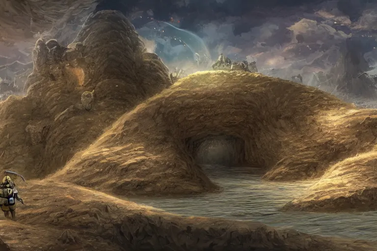 Image similar to a land outside of time and space with floating sands and flying beasts with a Fort in the middle and water tunnels below, a man standing watching over, digital painting, environment art