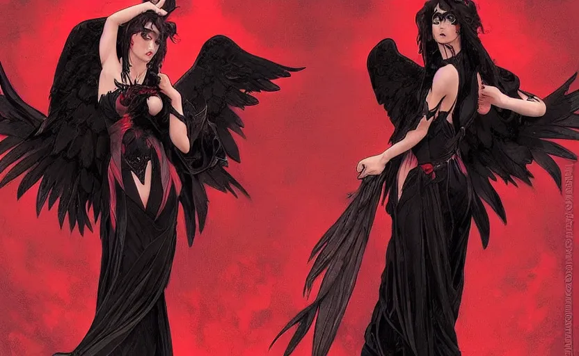 Image similar to Female dark angel in gothic red and black dress, their black wings are extended. By artgerm and greg rutkowski and alphonse mucha