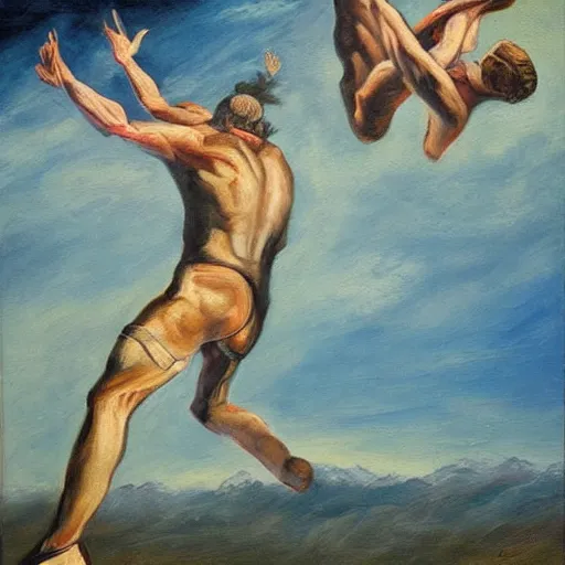 Image similar to Man falling from heaven. Oil painting.