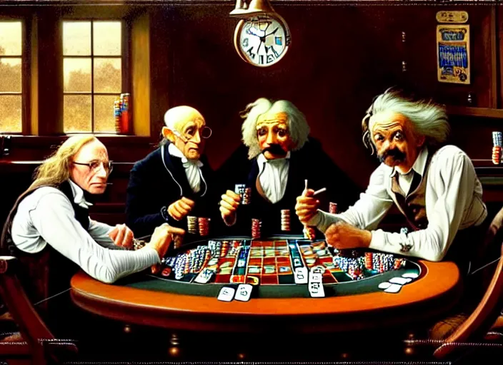 Image similar to isaac newton and stephen hawkins and albert einstein playing poker in an old west saloon, intricate, highly detailed, centered, digital painting, artstation, concept art, smooth, sharp focus, illustration, art by james gurney and norman rockwell and greg rutkowski