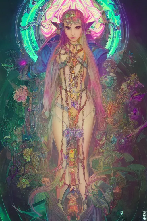 Image similar to Cyberpunk Princess Zelda, magical, flower, bright neon highlights, detailed intricate ink illustration, dark atmosphere, detailed illustration, hd, 4k, digital art, overdetailed art, concept art, by greg rutkowski, by Alfons Mucha, complementing colors, Trending on artstation, deviantart