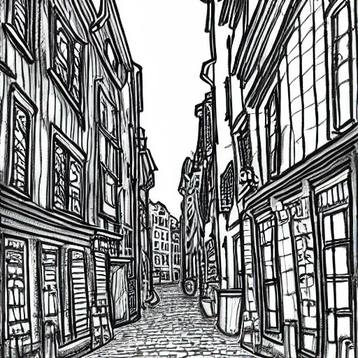 Prompt: a street in gamla stan stockholm, studio ghibli inspired drawing
