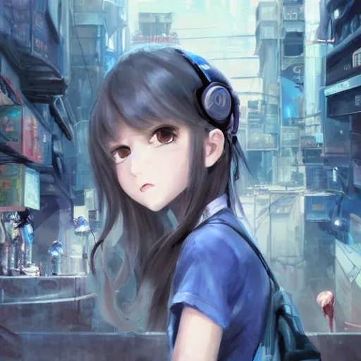 Image similar to dynamic composition, motion, ultra-detailed, incredibly detailed, a lot of details, amazing fine details and brush strokes, colorful and grayish palette, smooth, HD semirealistic anime CG concept art digital painting, watercolor oil painting of Clean and detailed post-cyberpunk sci-fi close-up schoolgirl in asian city in style of cytus and deemo, blue flame, relaxing, calm and mysterious vibes,, by a Chinese artist at ArtStation, by Huang Guangjian, Fenghua Zhong, Ruan Jia, Xin Jin and Wei Chang. Realistic artwork of a Chinese videogame, gradients, gentle an harmonic grayish colors. set in half-life 2, Matrix, GITS, Blade Runner, Neotokyo Source, Syndicate(2012), dynamic composition, beautiful with eerie vibes, very inspirational, very stylish, with gradients, surrealistic, dystopia, postapocalyptic vibes, depth of field, mist, rich cinematic atmosphere, perfect digital art, mystical journey in strange world