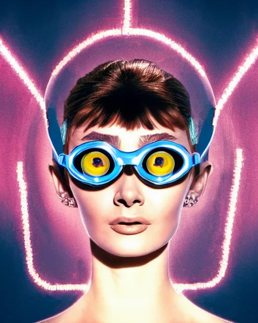 Image similar to centered portrait of soulful young audrey hepburn as a solarpunk mecha humanoid robotic parts wearing crystal goggles with bright led lights, real human face, pudica gesture bouguereau style, in white room, ultra - realistic and intricate, soft portrait shot 8 k