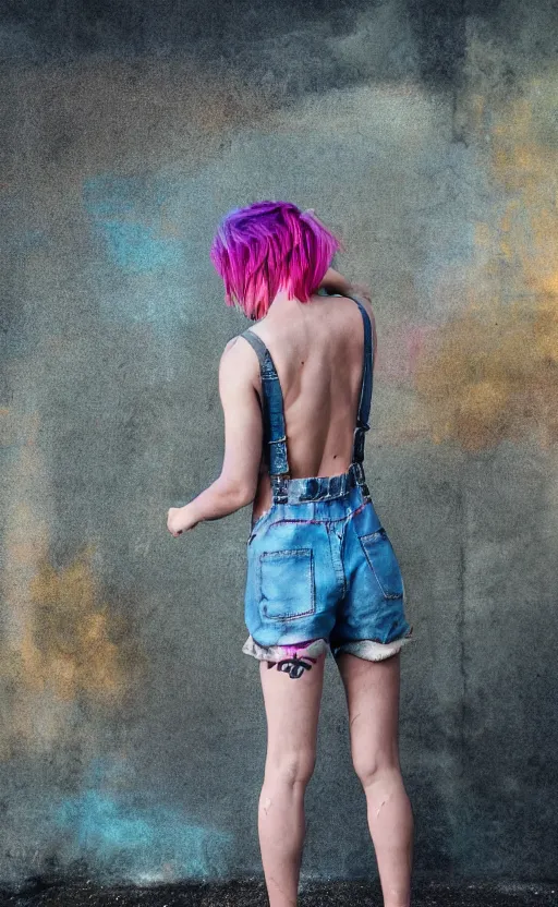 Image similar to grungy woman, rainbow hair, soft eyes and narrow chin, dainty figure, wet t-shirt, torn overalls, skimpy shorts, Sony a7R IV, symmetric balance, polarizing filter, Photolab, Lightroom, 4K, Dolby Vision, Photography Award