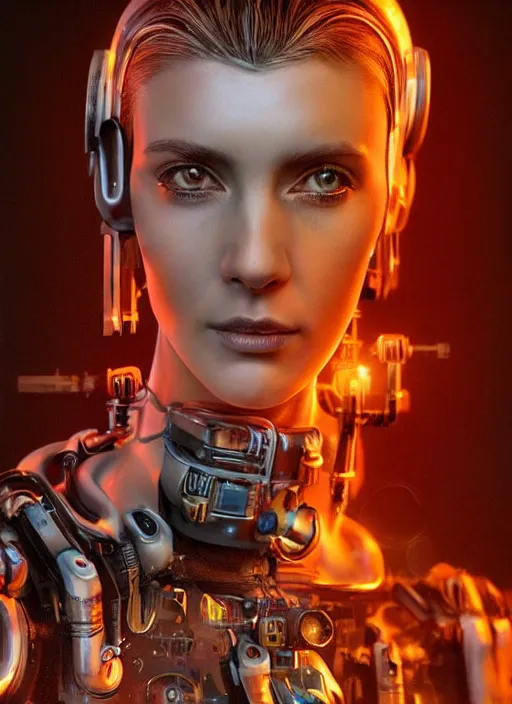 Image similar to cyberpunk,sci-fi, fantasy,Kodak Portra 400, 8K, soft light, volumetric lighting, highly detailed, britt marling style 3/4 ,portrait photo of a beautiful cyborg robot woman in a chemical laboratory + face, intricate, elegant, highly detailed, digital painting, artstation, concept art, smooth, sharp focus, illustration,art by artgerm and greg rutkowski and alphonse mucha