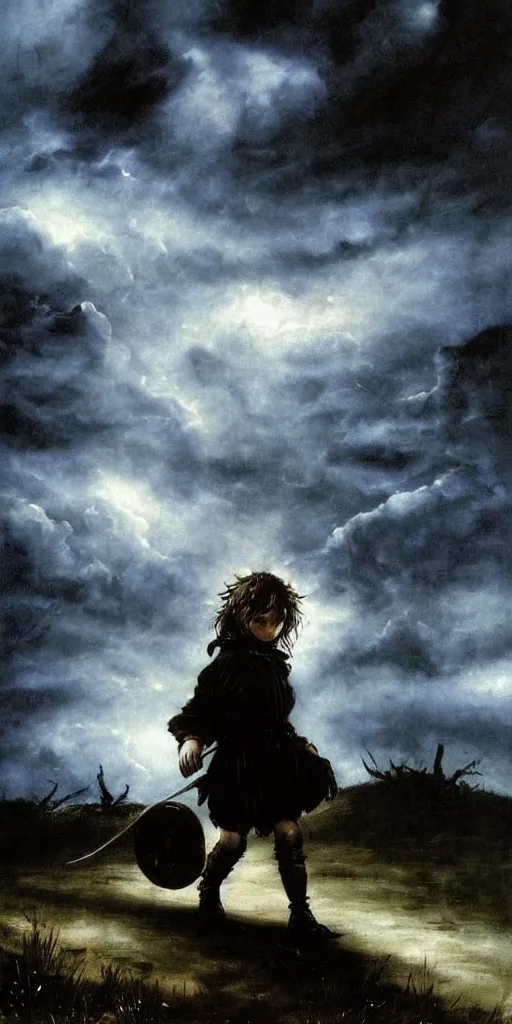 Image similar to a medieval peasant kid walking alone in the night during a stormcloud with dramatic airbrushed clouds over black background by Luis royo and Caravaggio airbrush fantasy 80s, realistic masterpiece