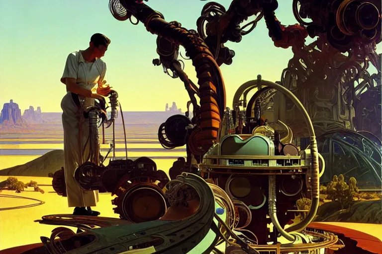 Image similar to natural american landscape | robot repairing another robot, painting by syd mead and weta studio, alphonso mucha, james jean, frank frazetta, highly detailed, rule of third, soft lighting, 8 k resolution, oil on canvas, architectural magazine, beautiful detailed, insanely intricate details, artstation trending, hypermaximalistic, high details, cinematic