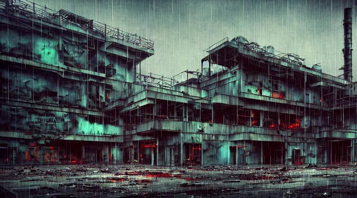 Prompt: post apocalyptic factory building, raining, building, avenue, modern contemporary urban americana concrete architecture, by pascal blanche, neil blevins, apocalyptic color palette, trending on artstation, photorealistic, neon ambiance, ultra detailed, high definition, depth of field, bokeh, rubble, wild vegetation, blood stains, building crumbling