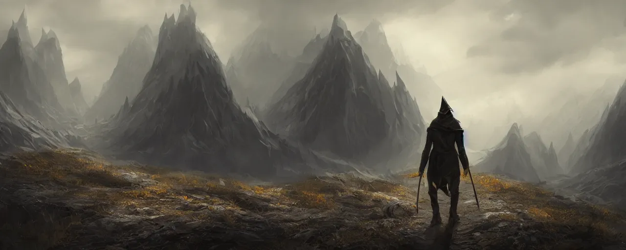 Prompt: a dark wizard as the subject of a landscape artwork where he is walking along an old path leading up to a mountain in the background, the sky is dark and gold, and the mood of this artwork is dull, very detailed concept art, matte painting, digital art, concept art, realistic beautiful, trending on artstation, greg rutkowski