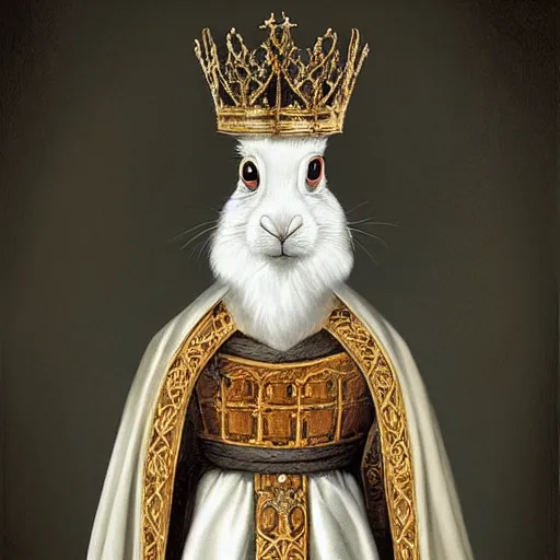 Prompt: “ an oil painting portrait of a white hare wearing medieval royal robe and an ornate crown on a dark background ” digital art, concept art, highly detailed, 3 - d 4 k, trending on art station, award winning, mark brooks,