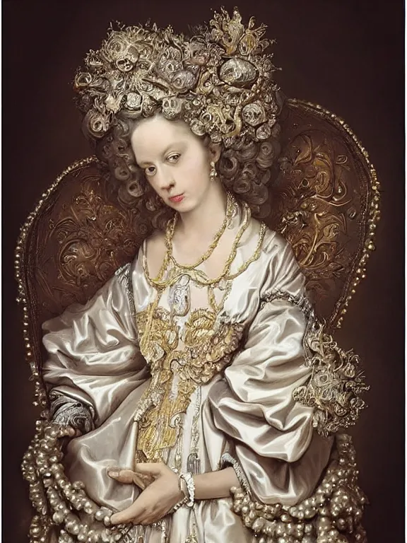 Prompt: a beautiful portrait render of baroque catholic lady who has rococo dramatic headdress with baroque intricate fractals of star and pearls tassels made of crystal,by Daveed Benito and Billelis and aaron horkey and Nekro and peter gric,trending on pinterest,hyperreal,jewelry,gold,maximalist