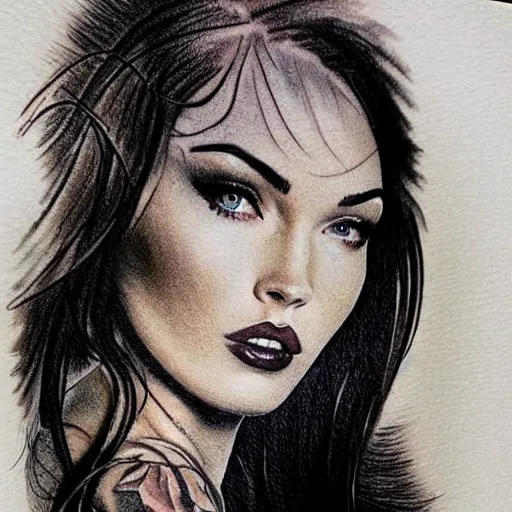 Image similar to realism tattoo sketch of double exposure megan fox with beautiful mountain scenery, in the style of andrey lukovnikov