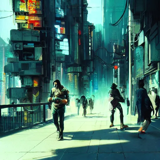 Image similar to cyberpunk people relaxing and walking in the streets, white background, concept art, eddie mendoza, craig mullins