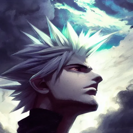 Prompt: thundercloud with a cloud strife's face on it, face only, no body, trending on artstation, high contrast, highly detailed, epic, 4 k, artstation, greg rutkowski, makoto shinkai, beautiful sky