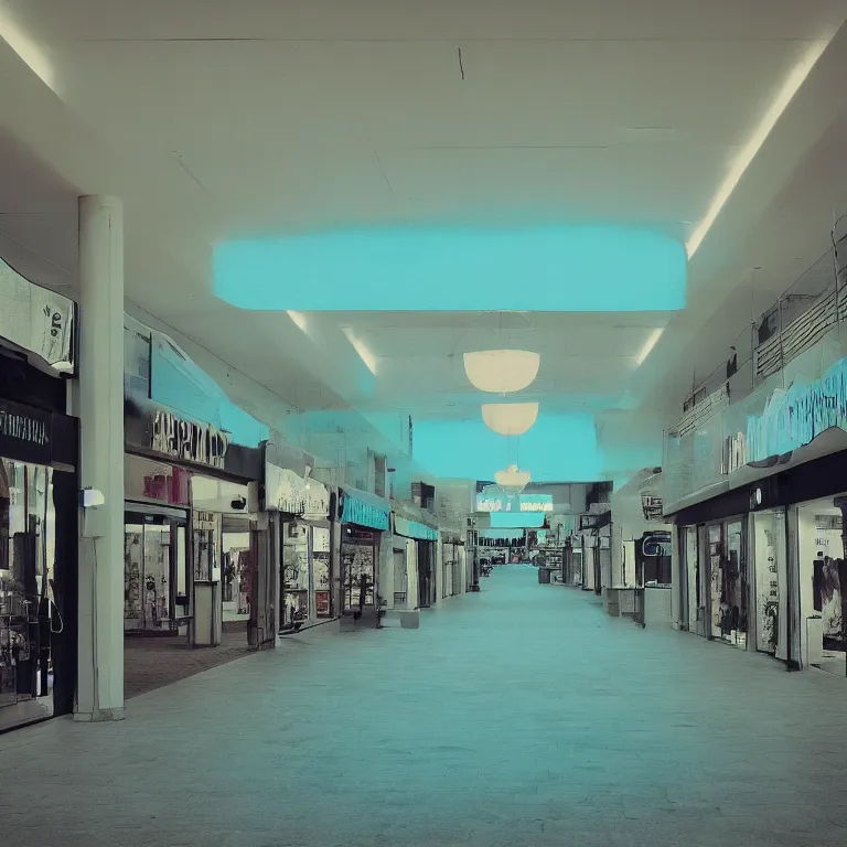 Prompt: shopping mall for dead people, film photo, soft lighting album cover, nostalgia, turquoise gradient