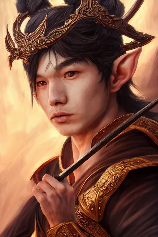 Image similar to a masterpiece portrait of nezha, young elf prince holding spear, flame everywhere, epic pose, fantasy character portrait, closeup shot, hyper detailed, digital painting, 8 k realistic, trending on artstation, sharp focus, dof, by fenghua zhong, artgerm, ne zha from smite, jeff easley, raymond swanland