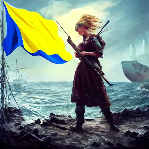 Prompt: ukrainian girl with ukrainian flag near big ruined warship, trying to survive, everywhere, concept art, trending on artstation, highly detailed, intricate, sharp focus, digital art, 8 k