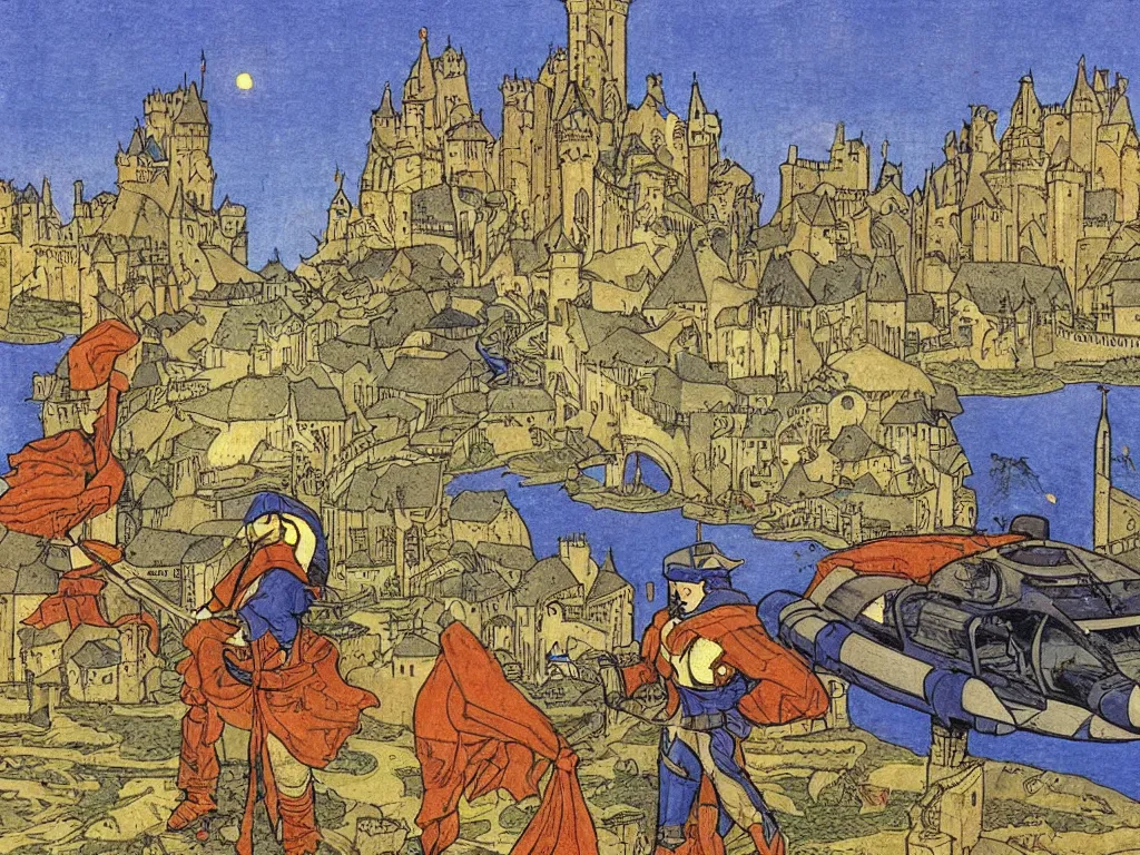 Image similar to cyberpunk king man with hovercraft at a castle in autumn. painting by limbourg brothers, moebius