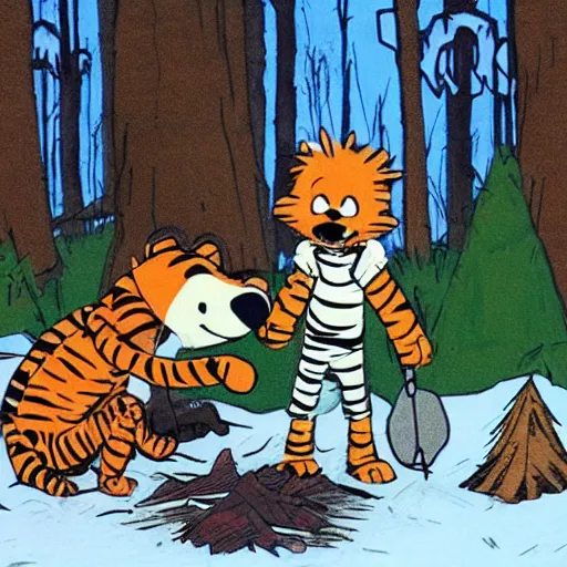 Image similar to Calvin and Hobbes camping in the forest