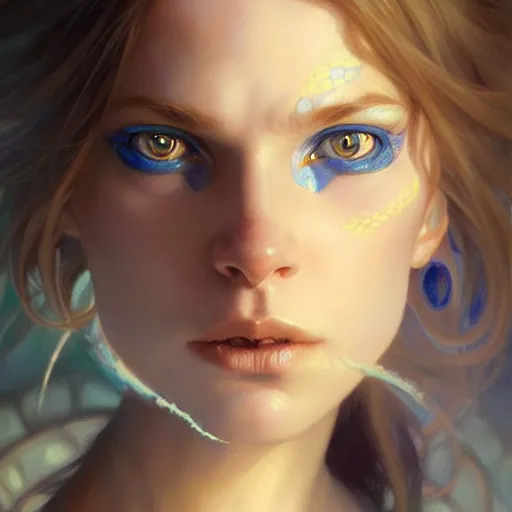 Image similar to Portrait of lizard girl, D&D, blue eyes, face, fantasy, intricate, elegant, highly detailed, digital painting, artstation, concept art, smooth, sharp focus, illustration, art by artgerm and greg rutkowski and alphonse mucha