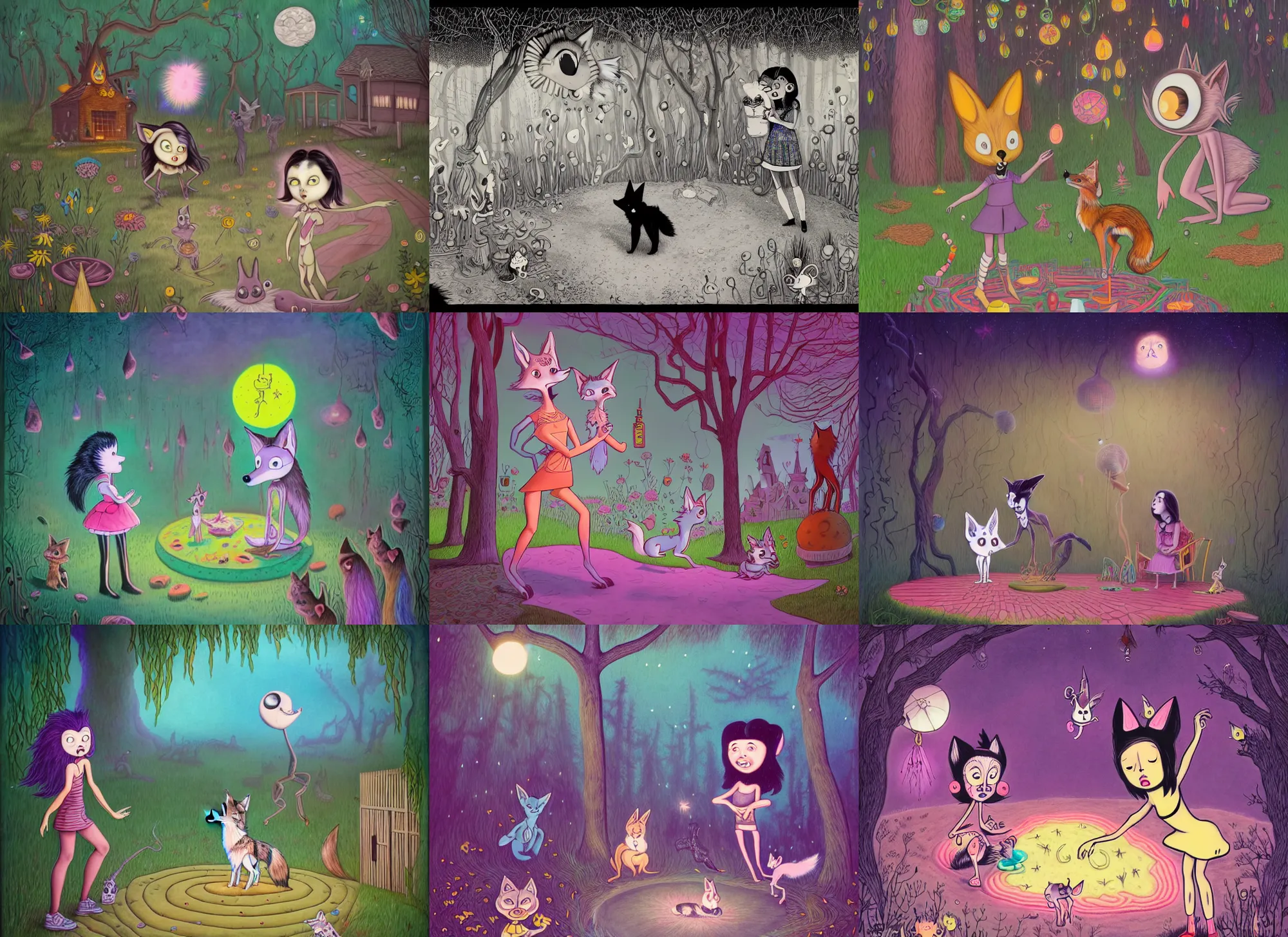 Prompt: a single magical coyote that crossed from another quantum dimension surprises a black haired girl while in her backyard. jon macnair, gary baseman, cinematic, colored drawing, carles dalmau, minna sundberg, xiaofan zhang, artstation, intricate and highly detailed, nettie wakefield, monica langlois