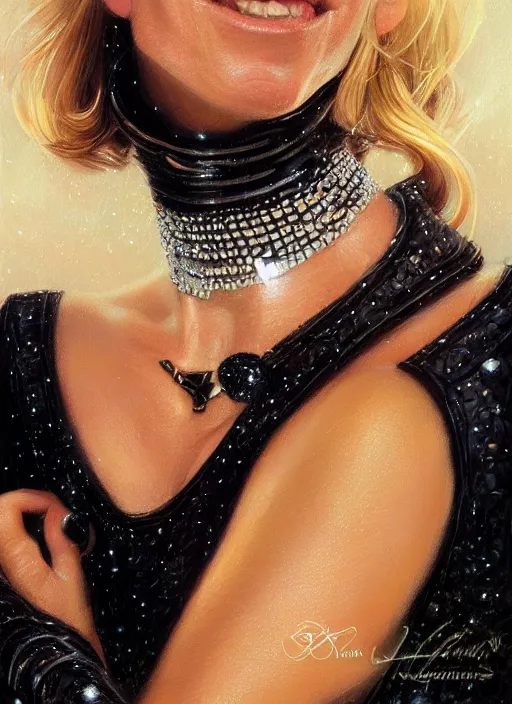 Prompt: muscled Elin Nordegren shiny sparkling diamonds, mouth slightly open, wearing intricate black choker, elegant, highly detailed, centered, digital painting, artstation, concept art, smooth, sharp focus, illustration, artgerm, donato giancola, Joseph Christian Leyendecker, WLOP, Boris Vallejo, Artgerm