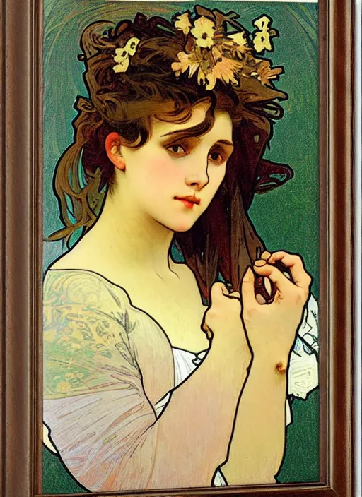 Image similar to a portrait of a pretty young lady by alphonse mucha