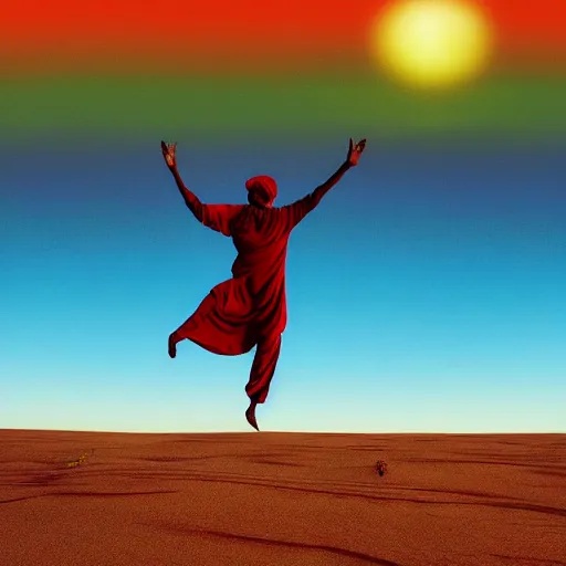 Prompt: low quality image of an indian man in a turban floating above a desert