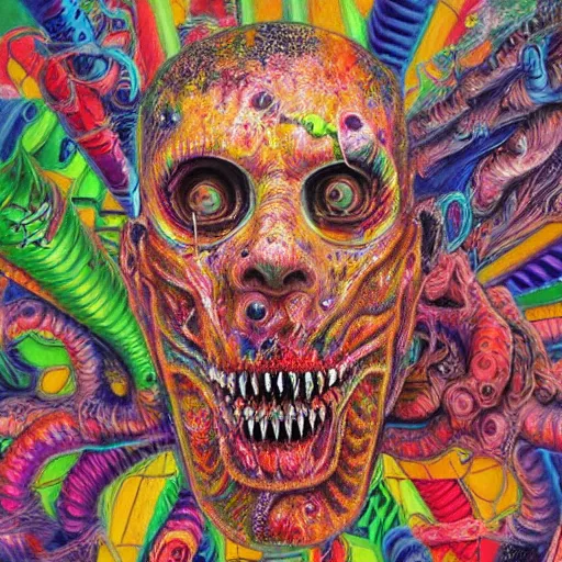 Prompt: a high hyper - detailed painting with complex textures of the face of contradictions in fusion, when determinism and the indeterminate play strange syntheses awakening chaotic, deformed beings and rebellious monsters made of candies and psychotropic psychoactive substances psychedelic fulcolor spiritual chaos surrealism horror bizarre psycho art