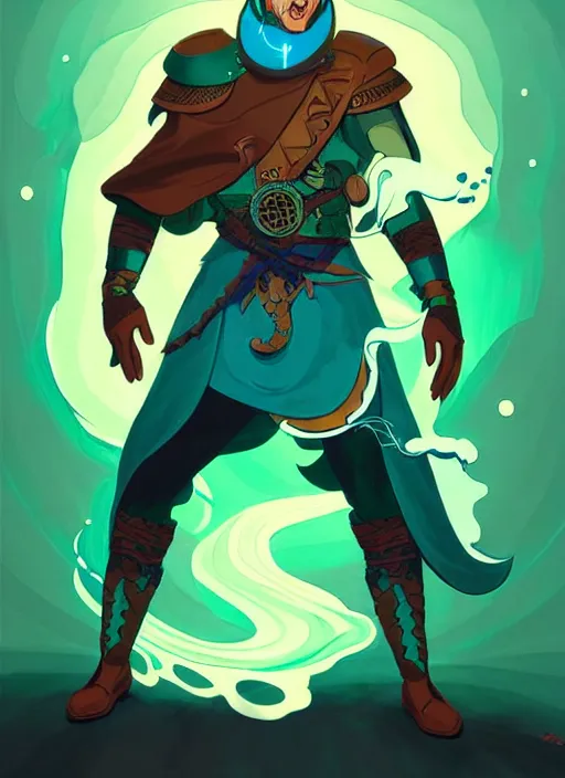 Image similar to style artgerm, joshua middleton, illustration, pee wee herman as a warrior monk wearing green pelt light armor, blue hair, swirling water cosmos, fantasy, dnd, cinematic lighting