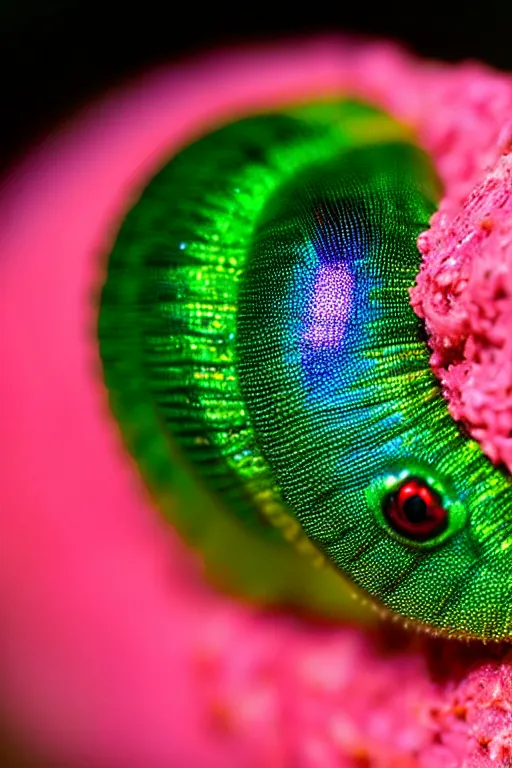 Image similar to high quality macro photo iridescent mutant caterpillar! cute highly detailed david ligare elson peter cinematic pink lighting high quality low angle hd 8k sharp shallow depth of field
