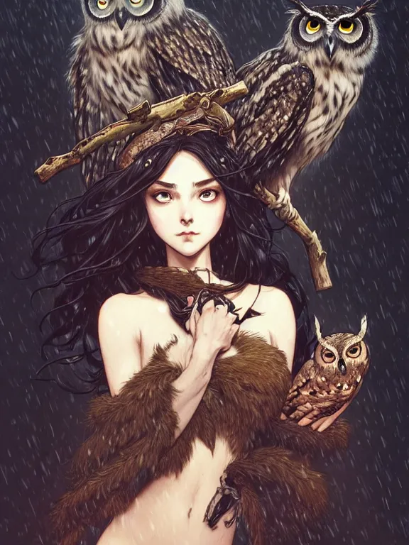 Image similar to full body picture of a huntress with owls in the winter, bored, coveted, beautiful and aesthetic, intricate, unreal engine, messy hair, highly detailed, detailed face, smooth, sharp focus, chiaroscuro, manga illustration, artgerm, greg rutkowski, ilya kuvshinov, rossdraws, alphonse mucha, young adult light novel cover art