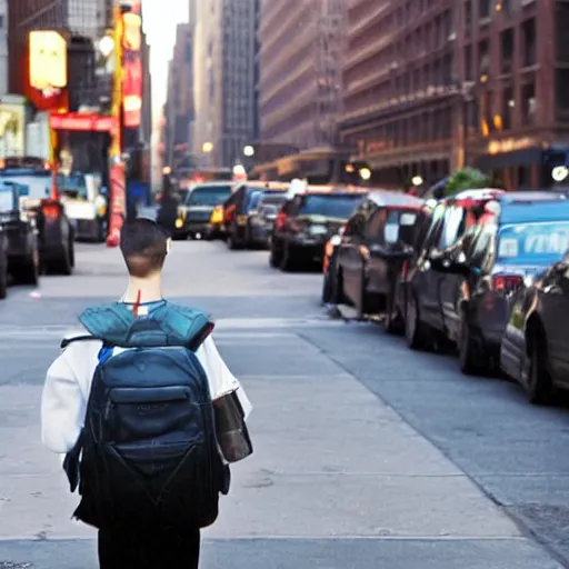 Prompt: photo of spiderman with a backpack on his way to school on the streets of new york, lonely atmosphere